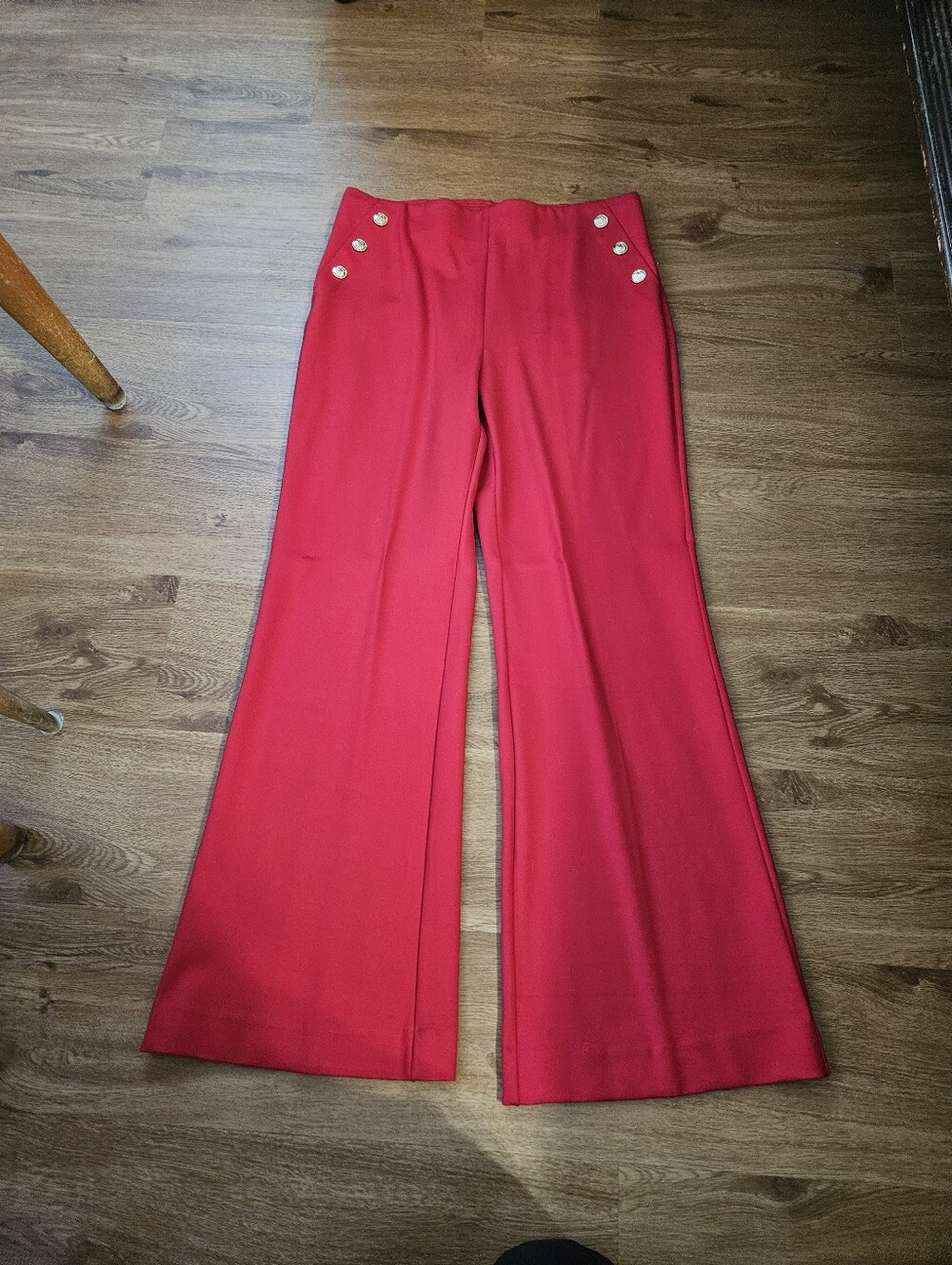 Chico's Bright Red Wide-Leg Sailor Pants with Gold Buttons